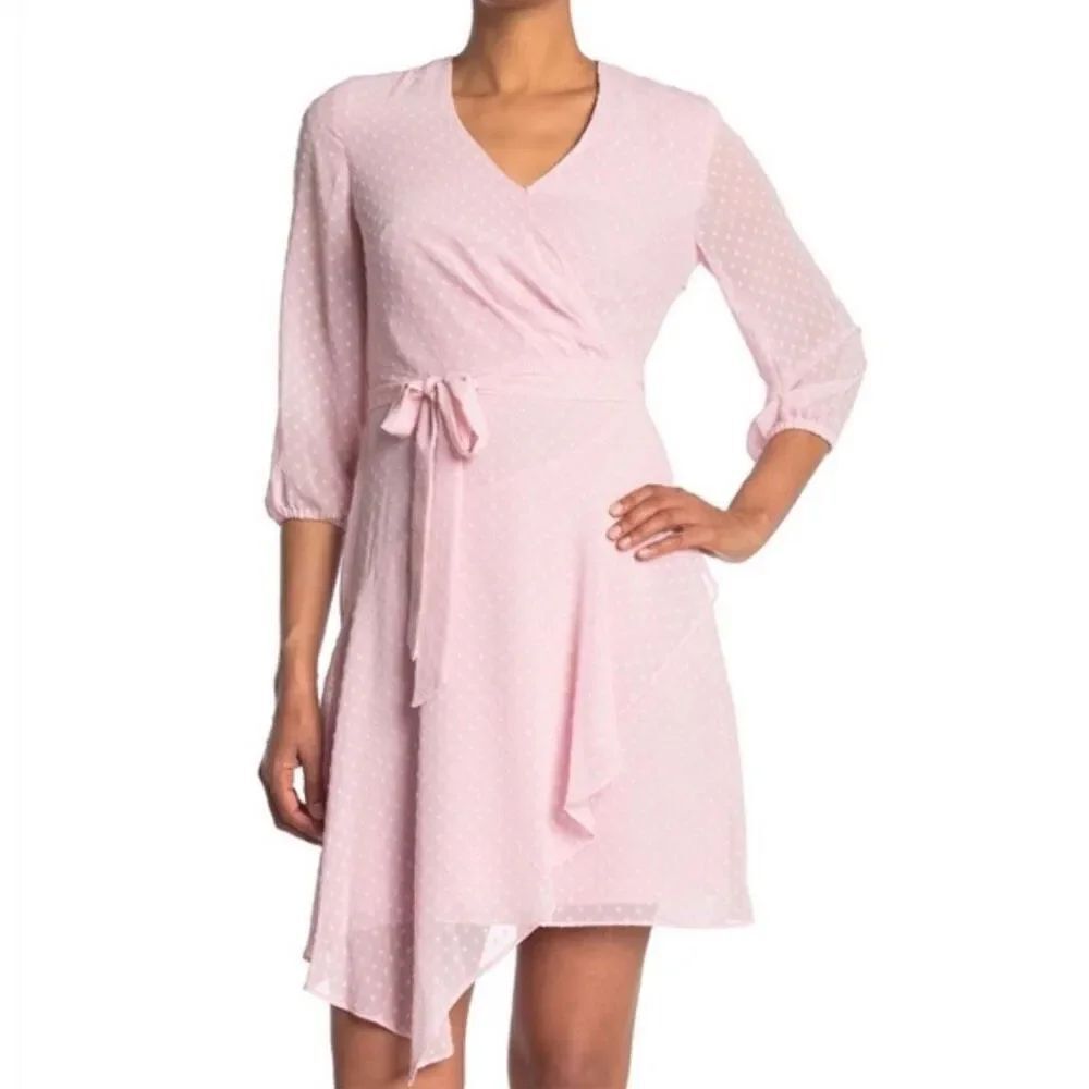 Nanette Lepore Pink Swiss Dot Chiffon Dress Faux Wrap Women’s 6